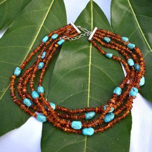 Jay King Amber and Turquoise 5 Row Waterfall Necklace